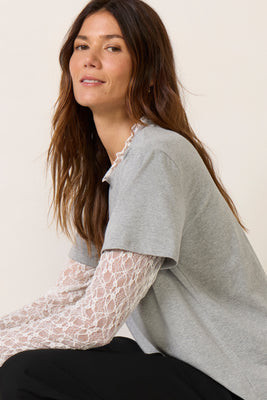 LNA Women's Phena Lace Twofer T-Shirt, Size Medium, Grey | Evereve