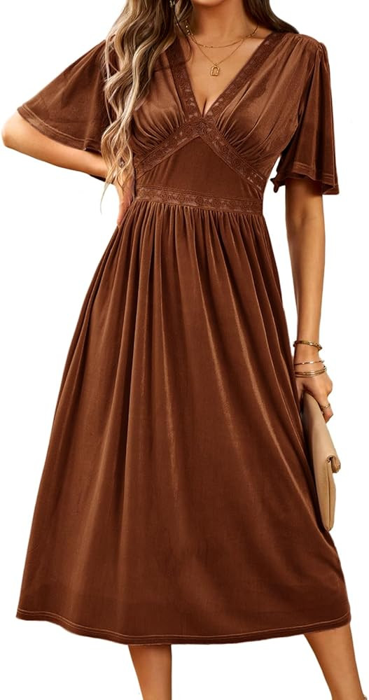 Zilcremo Women Deep V Neck Elegant Velvet Dress Bell Sleeve Lace Flowy Midi Party Dresses | Amazon (US)