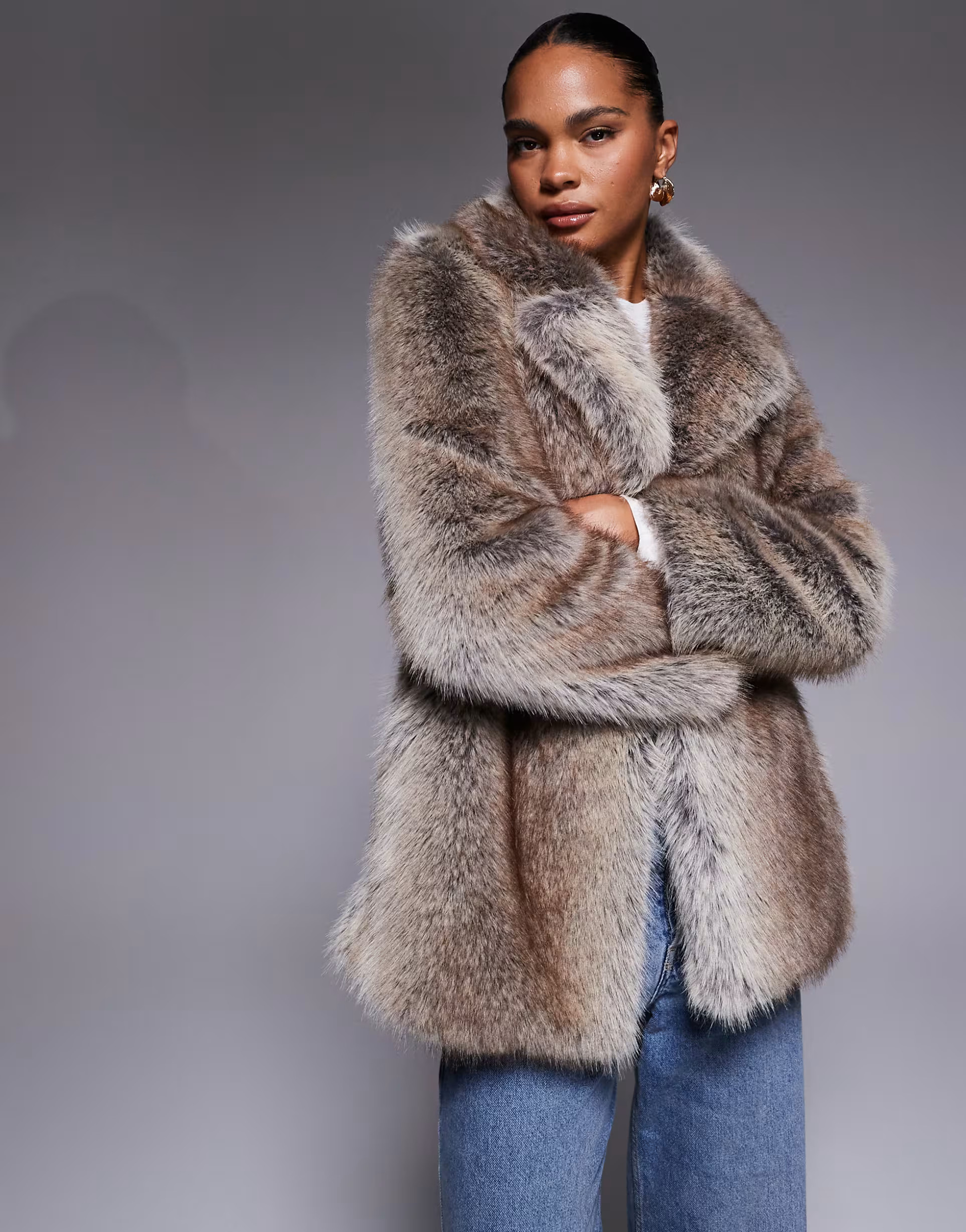 River Island mid length faux fur coat in dark brown | ASOS (Global)