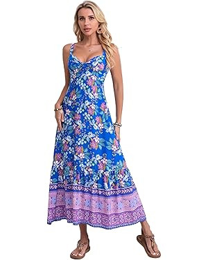 Women Boho Floral Sleeveless Adjustable Strap V Neck Maxi Dress Summer Beach Flowy Sundress | Amazon (US)