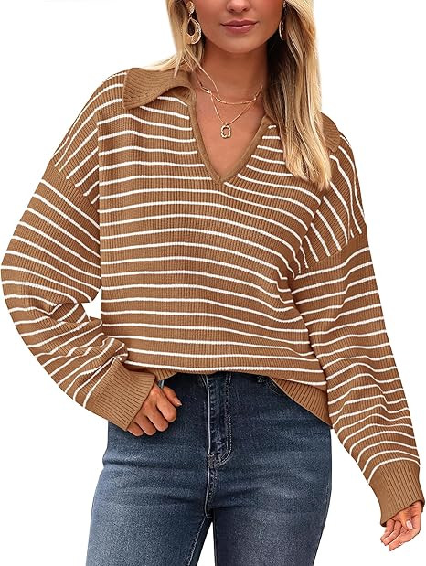 BTFBM Women's Striped Long Sleeve Sweater V Neck Lapel Collar 2024 Fall Winter Fashion Ribbed Kni... | Amazon (US)