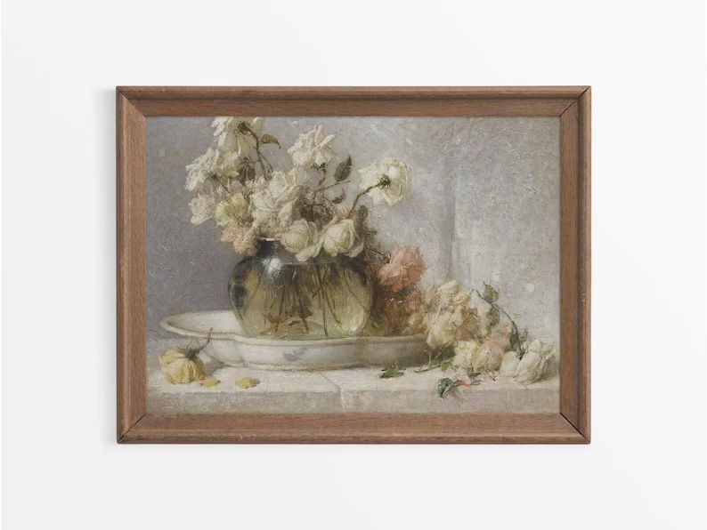 Neutral Vintage Floral Still Life Oil Painting, Rustic Antique Rose Wall Art Print, Country Farmh... | Etsy (UK)