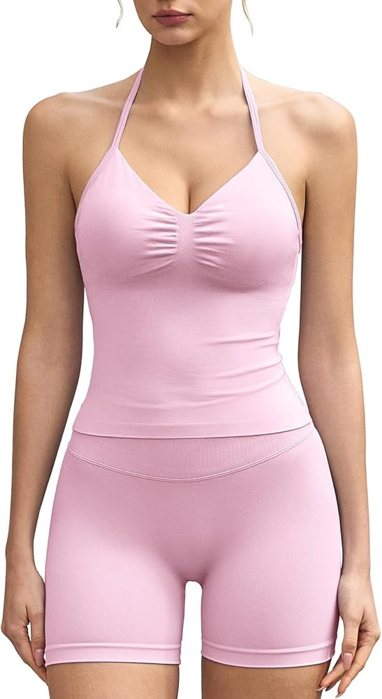 QINSEN Workout Sets for Women 2 Piece Ribbed Padded Halter Tank Top High Waist Tummy Control Boot... | Amazon (US)