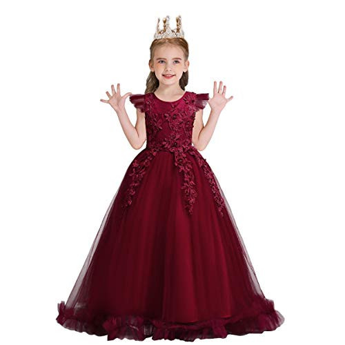 MYRISAM Girl's Embroidery Tulle Lace Maxi Flower Girl Wedding Dress Birthday Pageant Communion Dance Party Tulle Gown Burgundy 5-6T | Amazon (US)
