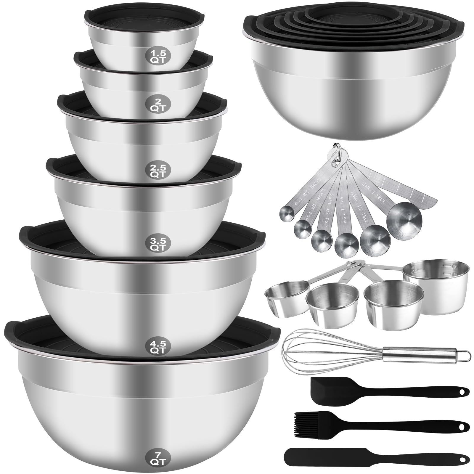 Mixing Bowls Set, 27PCS Stainless Steel Mixing Bowl with Lid Set, Large Nesting Bowls 7, 4.5, 3, ... | Amazon (US)