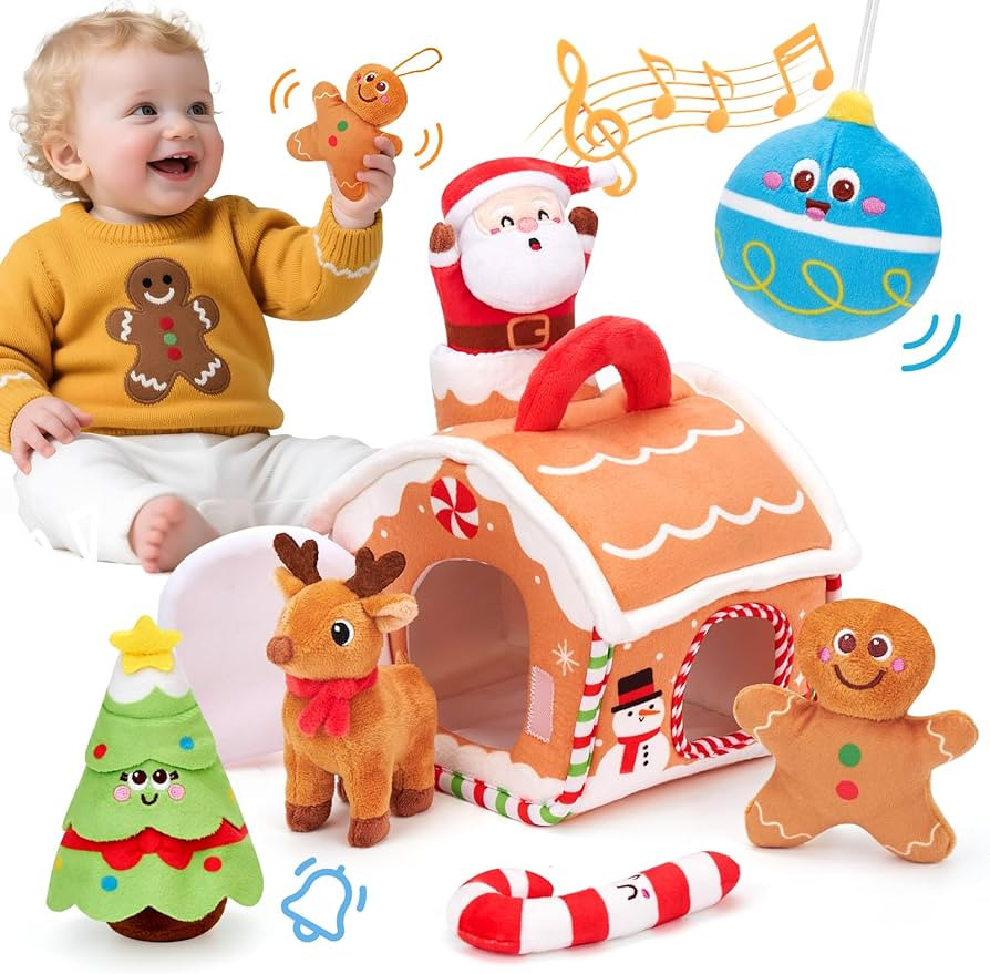 hahaland Baby Christmas Toy for 6 + 12 18 Months – Musical & Sensory Plush Christmas Toys Set w... | Amazon (US)