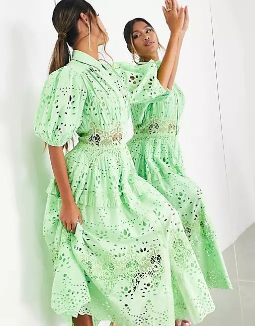 ASOS EDITION waisted broderie midi shirt dress with puff sleeve in lime green | ASOS (Global)
