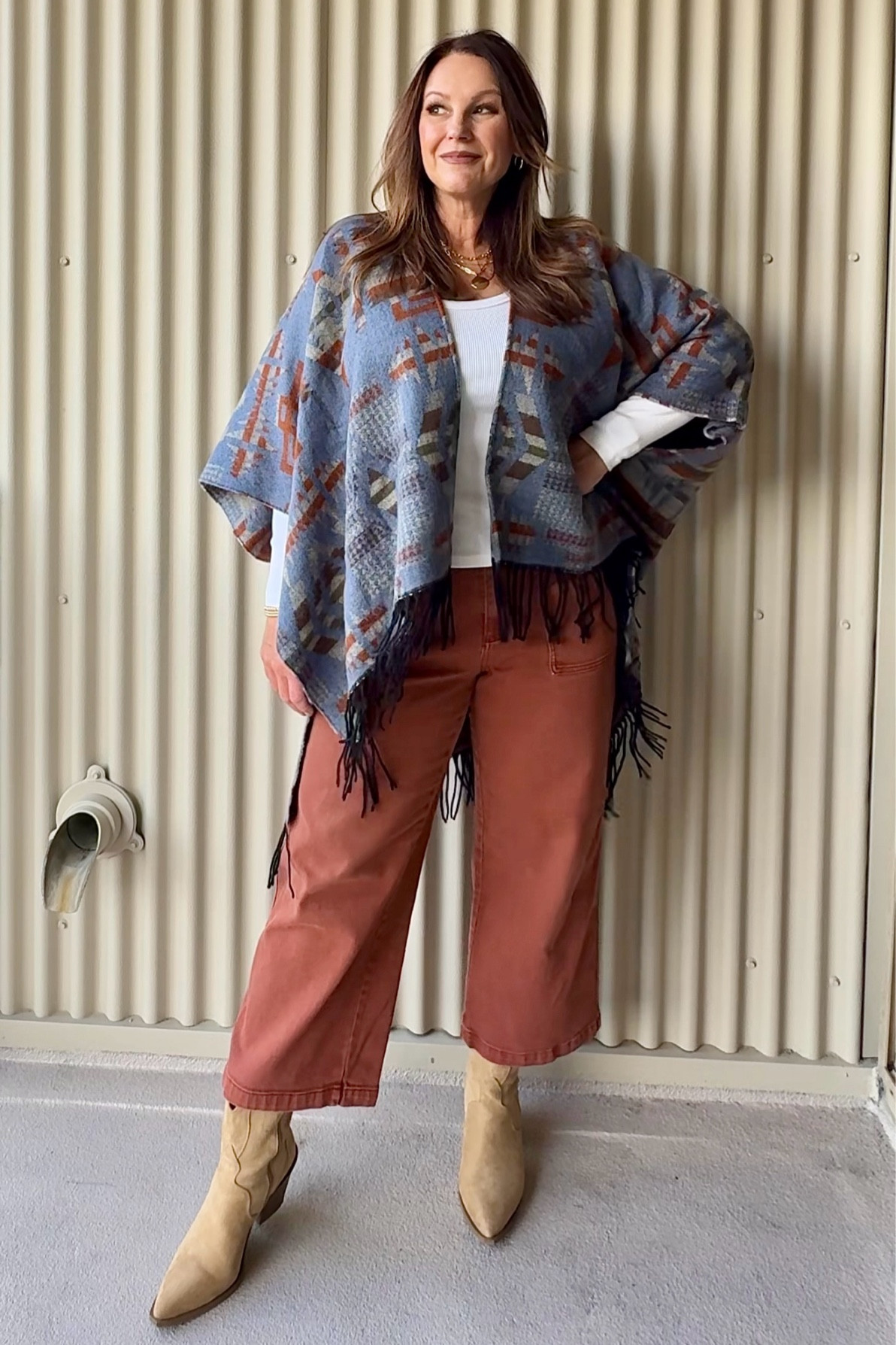 Fringe sweater is OSFA
Top: large
Pants: 12 (these are old; linked similar options)
Boots: TTS and super comfortable! 