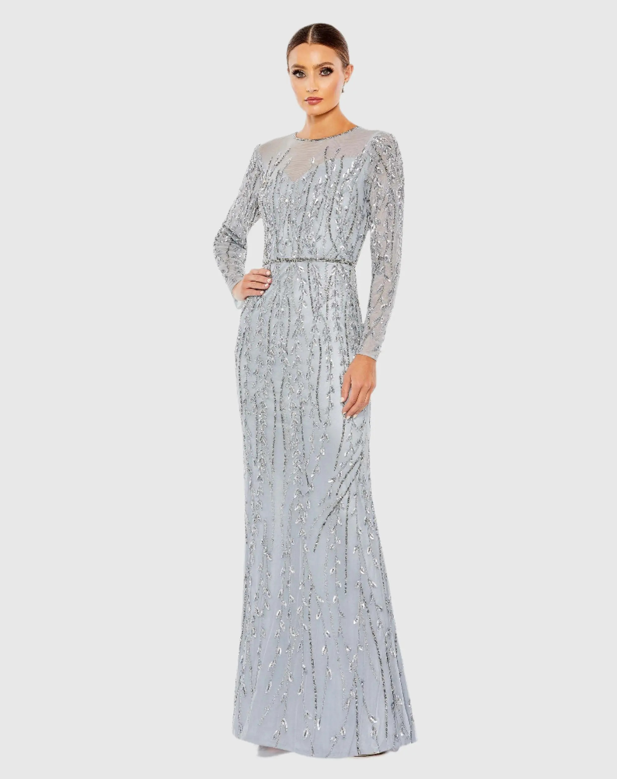 Mac Duggal - Blue Embellished Illusion High Neck Long Sleeve Gown - Platinum / US 14 | Mac Duggal