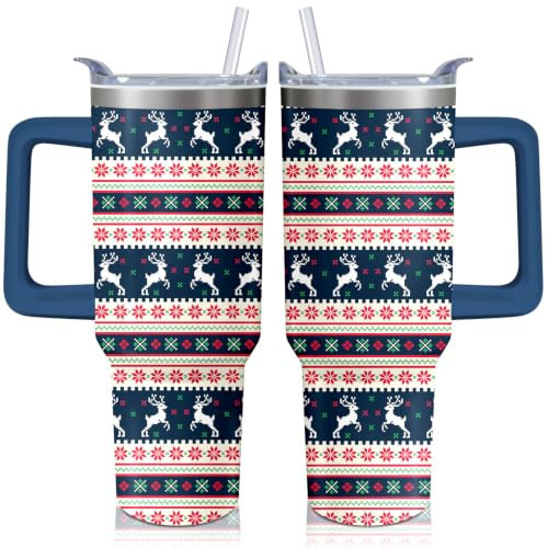 40oz Christmas Reindeer Gift Tumbler with Handle and straw, Snowflake Stainless Steel Insulated Cup, Coffee Mug Water Bottle for Xmas Eve | Amazon (US)