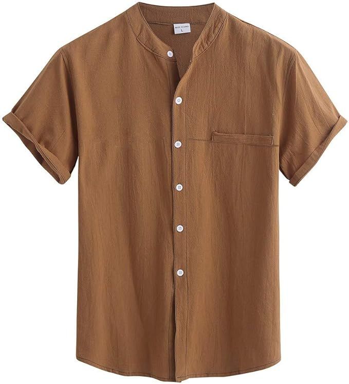 MODOQO Men's Fashion Short Sleeve Solid Button Down Summer Linen Cotton Shirt at Amazon Men’s C... | Amazon (US)