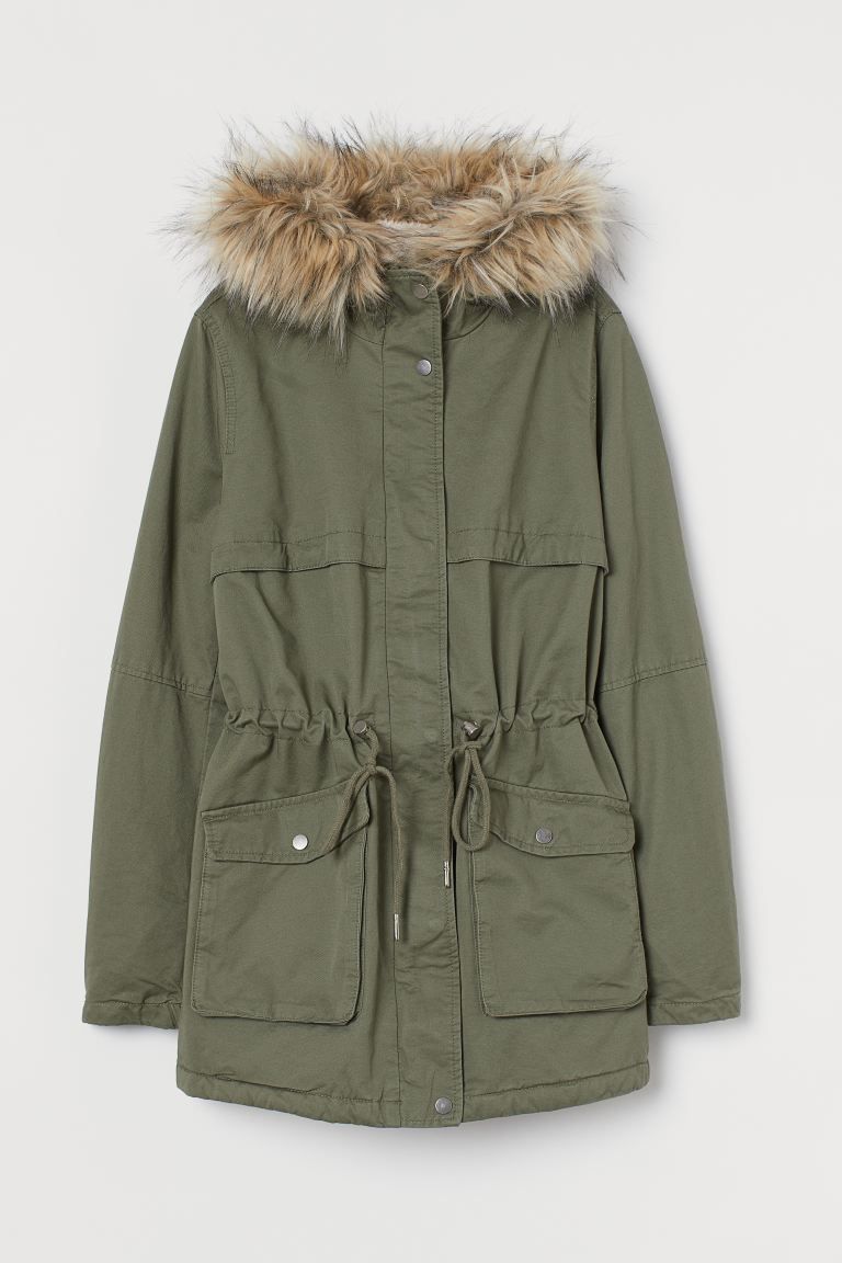 Short, faux shearling-lined parka in woven cotton fabric with a faux fur-trimmed hood. Stand up c... | H&M (US)