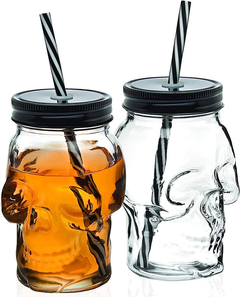 Godinger Skull Mason Jar Mug Glass Tumbler Cup with Cover and Straw - 16oz, Set of 2 | Amazon (US)