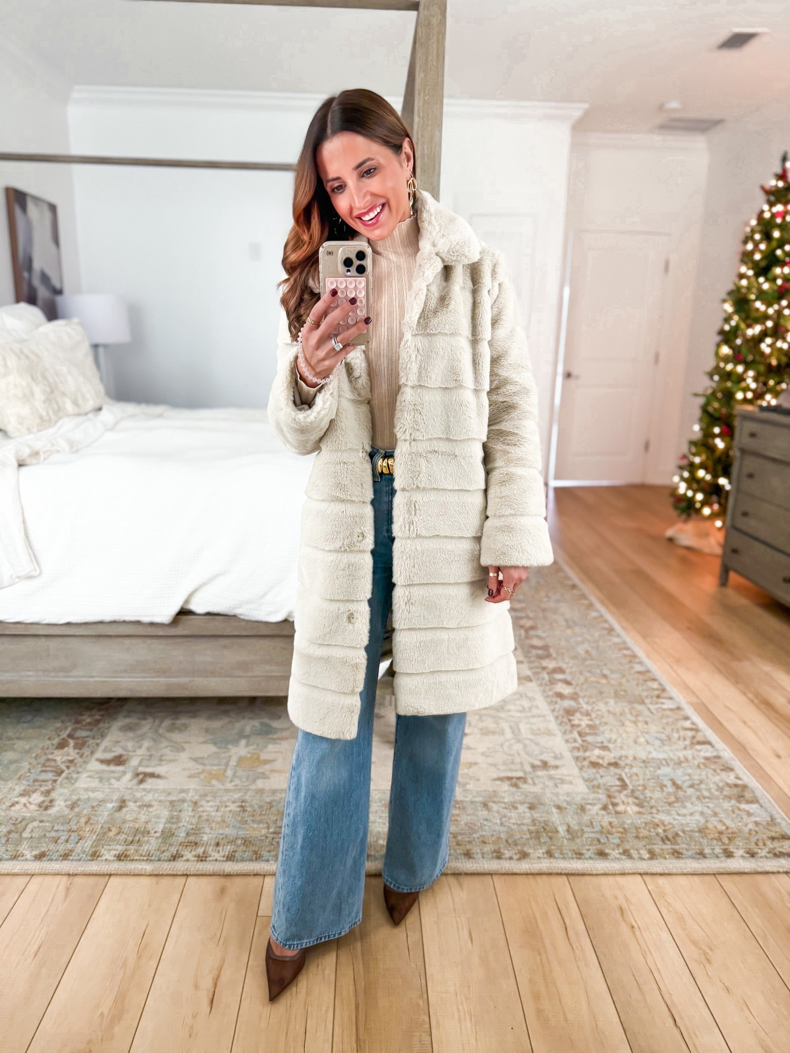 I absolutely love this faux fur coat in XS! Looks insanely expensive + it’s lined and has pockets and buttons all the way up! Levi wide leg rib cage jeans in sz 24, 32” inseam. Quince bodysuit in XS. Madewell belt in XXS. Steve Madden mesh heels - I went up half a size. Winter outfit. Winter style. Holiday party outfit. Christmas party outfit.

#LTKPetite #LTKSeasonal #LTKHoliday