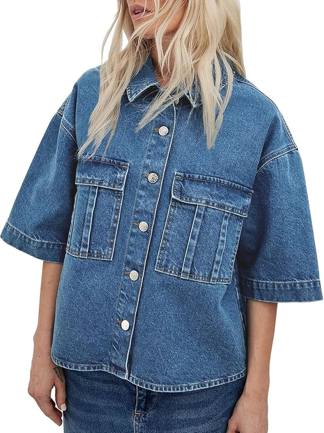 Imily Bela Womens Oversized Short Sleeve Denim Jackets Trendy Cropped Jean Tops Shackets | Amazon (US)