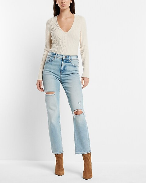 High Waisted Light Wash Ripped Straight Ankle Jeans | Express
