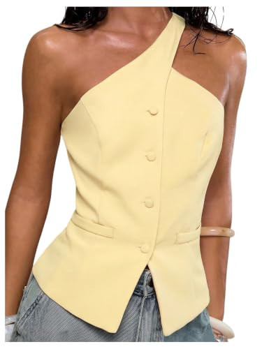 Floerns Women's One Shoulder Sleeveless Blazer Button Down Suit Vest Yellow | Amazon (US)