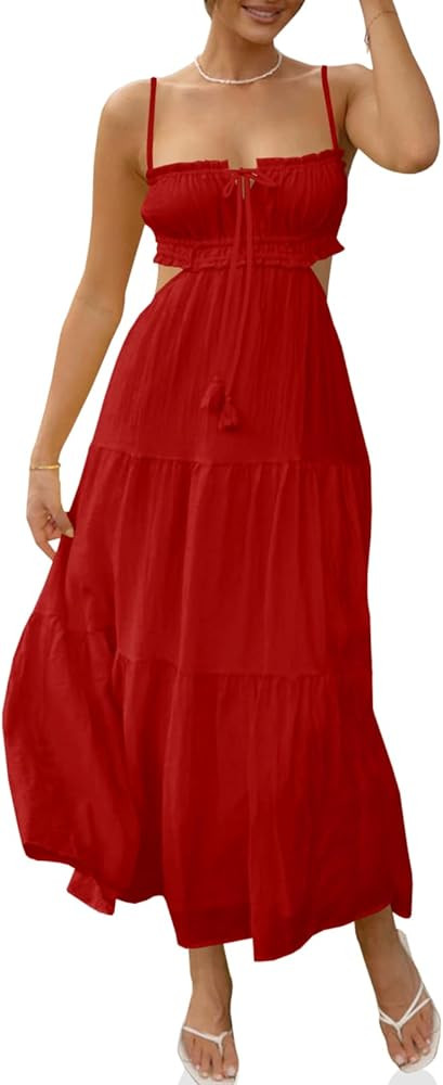Fisoew Women's Spaghetti Strap Maxi Dress Summer Sleeveless Side Cut Out Dress Casual Boho Backle... | Amazon (US)