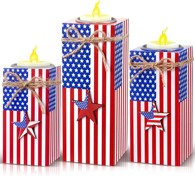 3 Pcs 4th of July Decorations Red White and Blue Candle Holders with Tea Lights, Patriotic 3D Sta... | Amazon (US)
