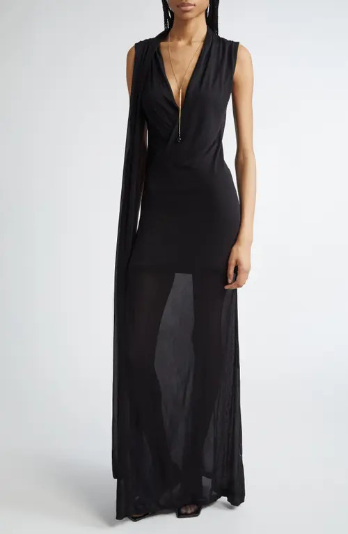 TOTEME Overlapped Scarf Sheer Stretch Jersey Maxi Dress in Black at Nordstrom, Size Large | Nordstrom