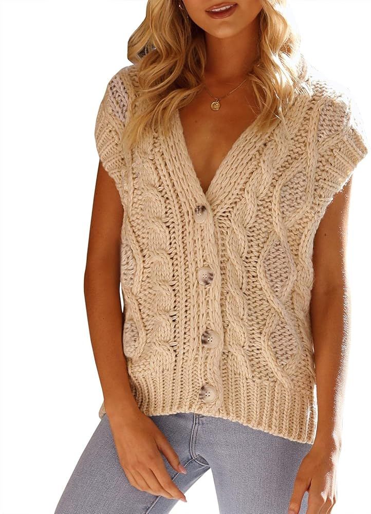 Womens Button Down Cable Knit Sweater Vests Loose Casual V Neck Knitted Sleeveless Cardigans Outerwe | Amazon (US)