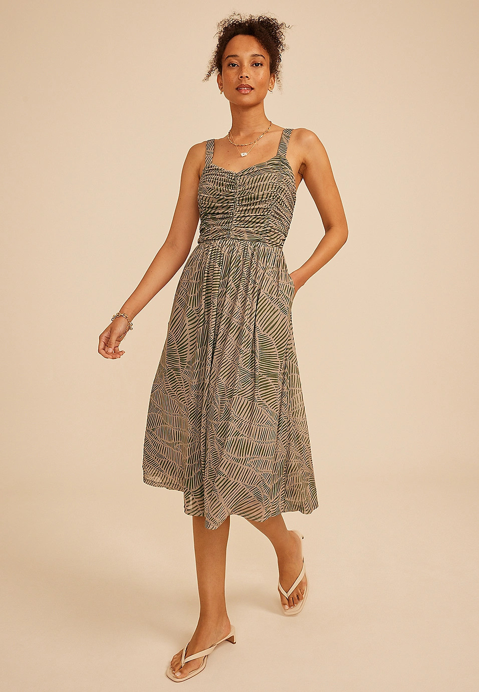 Bare Ruched Sweetheart Printed Mesh Midi Dress | Maurices
