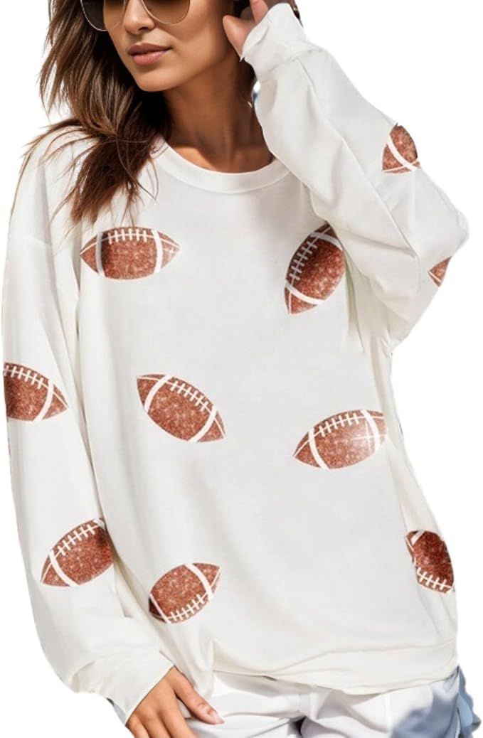 Xunger Women’s Football Print Sequin Sweatshirt Crewneck Oversized Long Sleeve Pullover Tops Ga... | Amazon (US)