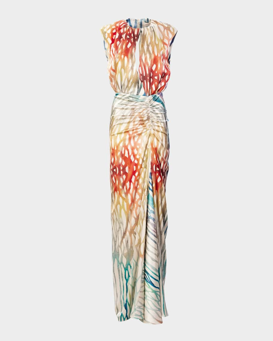 Silvia Tcherassi Samaira Coral Symphony Ruched Sleeveless Maxi Dress | Neiman Marcus