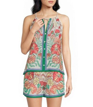 Floral Border Halter Neck Sleeveless Button Front Coordinating Top | Dillard's