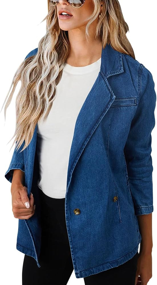 PRETTODAY Women's Casual Denim Blazers Buttoned Long Sleeve Work Office Jackets Blazer with Pocke... | Amazon (US)