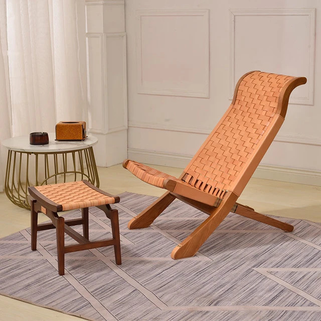 Solid wood balcony lunch break leather weaving simple outdoor folding indoor comfortable retro ho... | AliExpress (US)