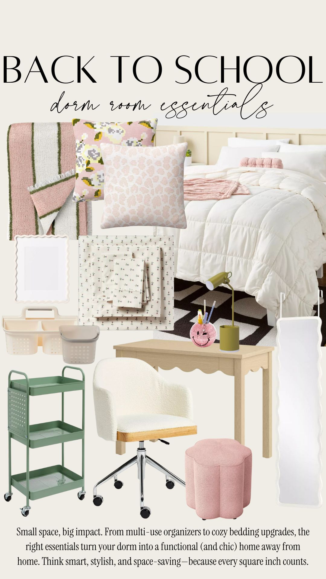 Back to School: Dorm Room Essentials. Love this girly pink & green inspo for a college dorm room or apartment! Scalloped wooden desk. Scalloped storage ottoman. Green rolling shelf cart with push pin board. Wavy scalloped picture frame and over the door floor length mirror.  

 #LTKHome #LTKKids #LTKFamily
