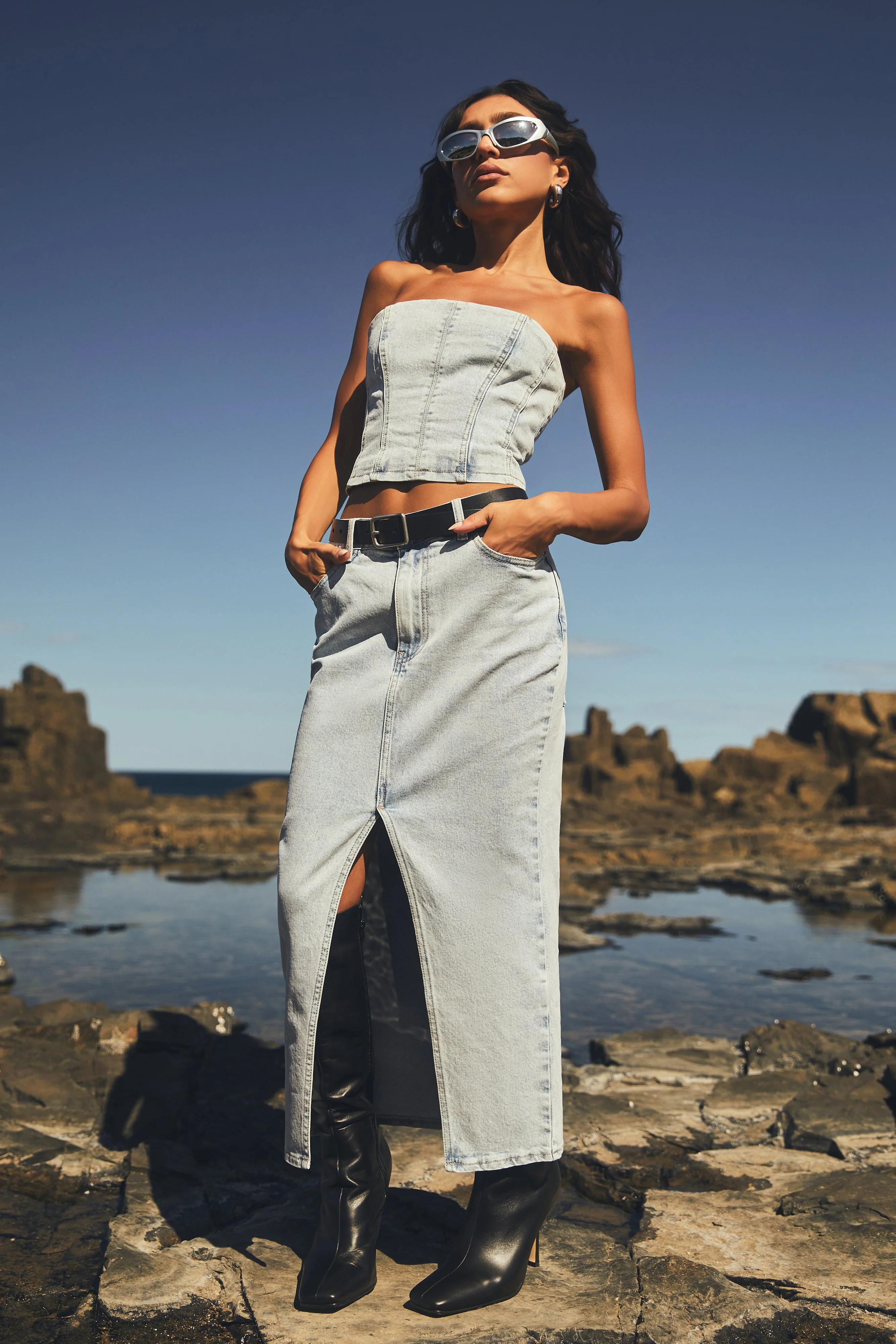 Acacia Denim Midi Skirt - Light Blue | MESHKI US