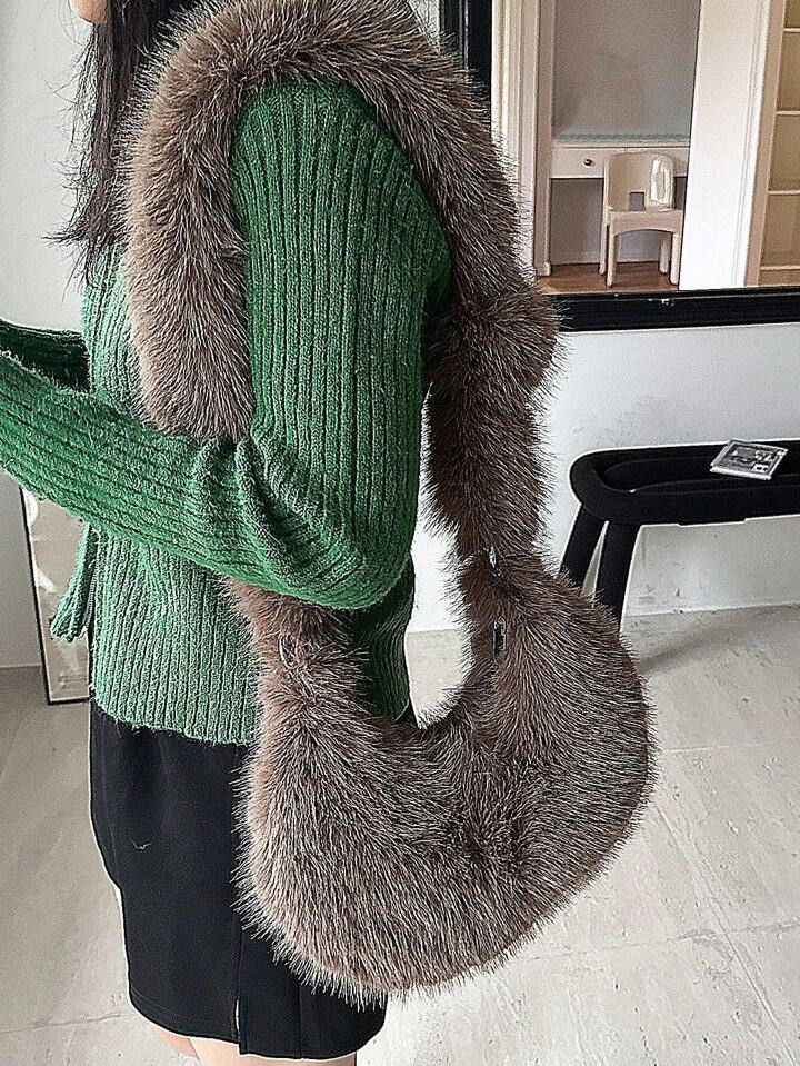 Autumn And Winter Fuzzy Shoulder Bag With Fashionable & Unique Love Heart Design, Casual Plush Ba... | SHEIN