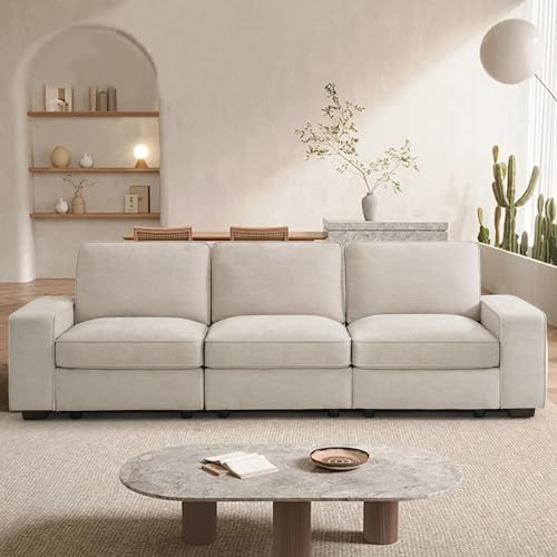 TEKAMON 100" Modular Sofa with Seats Storage, Comfy 3-Seater Chenille Fabric Couch for Living Room, Office, Apart W/Deep Seat, Wide Arms, Side Pockets, USB, Removable Covers, Upholstered Couch/Beige | Amazon (US)
