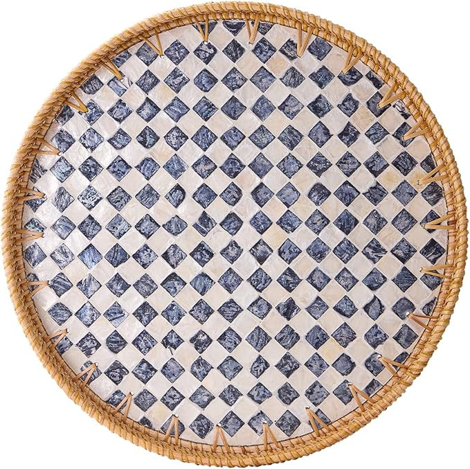Round Rattan Tray with Mother of Pearl Inlay, Rattan Serving Tray with Wooden Base, Decorative Wi... | Amazon (US)