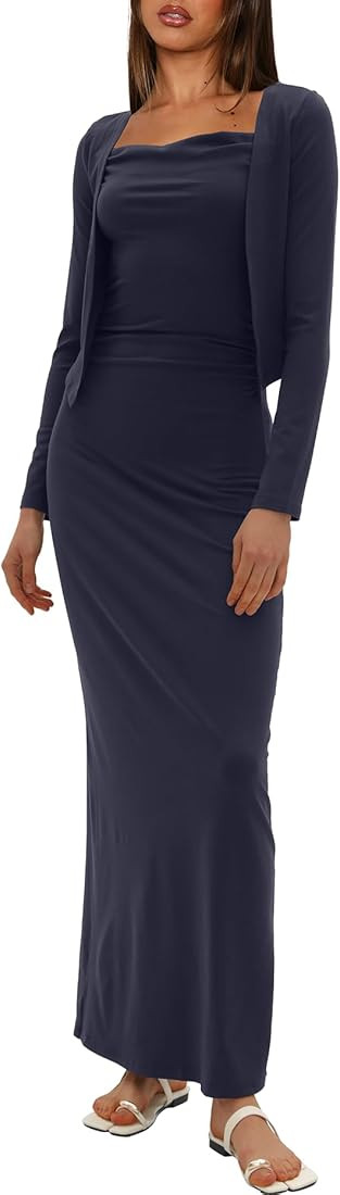 Darong Women's Cowl Neck Spaghetti Strap Bodycon Maxi Dress with Crop Long Sleeve Cardigan 2 Piec... | Amazon (US)