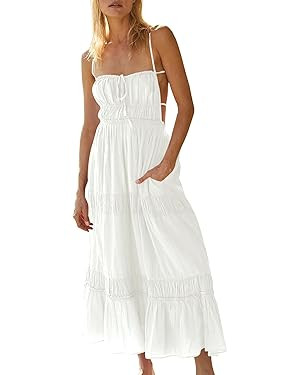 Wenrine Womens Summer Beach Dresses Backless Spaghetti Straps Self Tie Tiered Flowy Casual Maxi D... | Amazon (US)