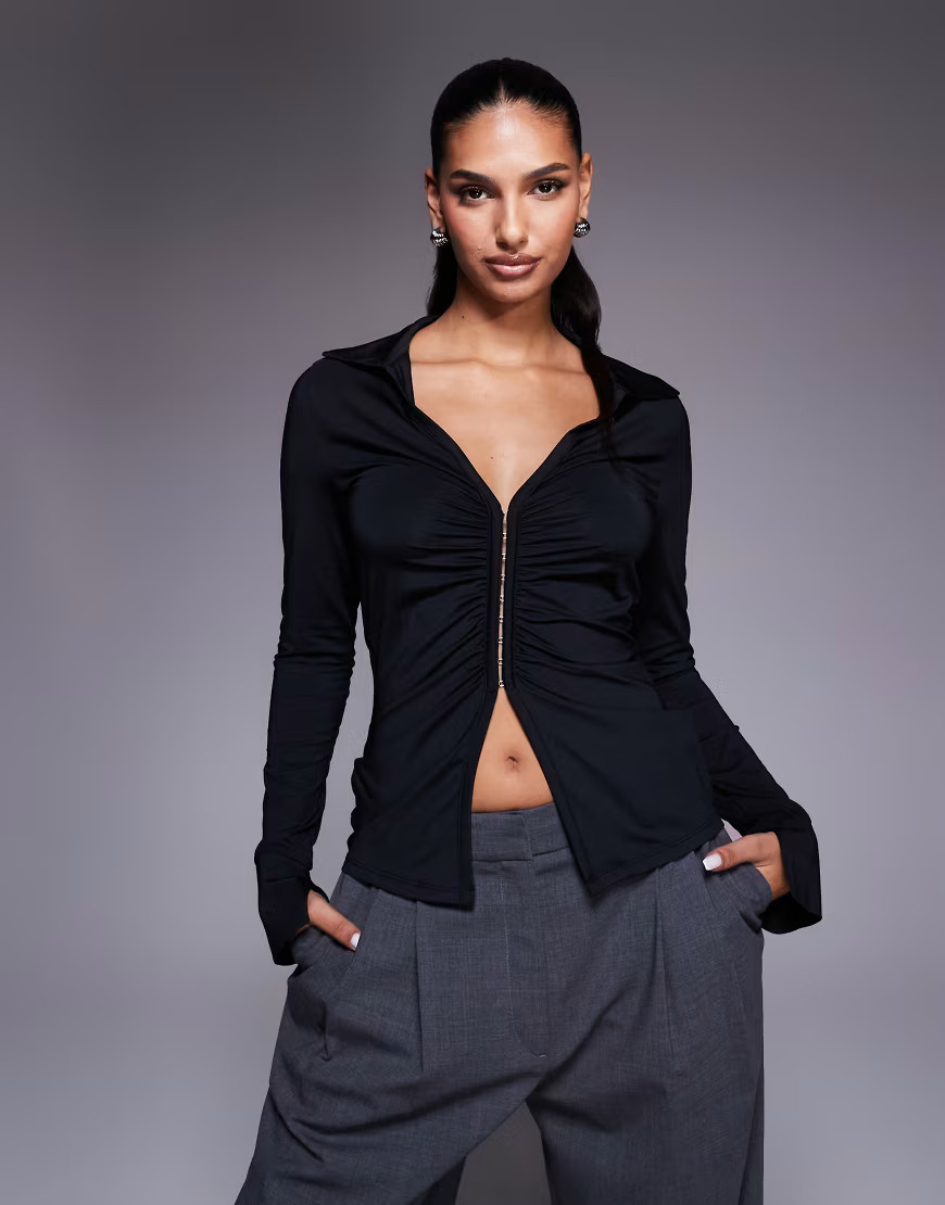 ASOS DESIGN slinky ruched hook and eye longline top in black | ASOS (Global)