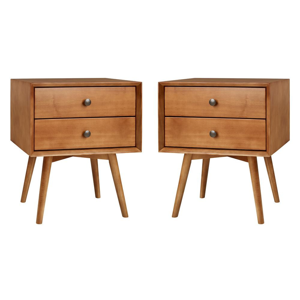 Mid-Century 2-Drawer Solid Wood Caramel Nightstand (2-Pack) | The Home Depot