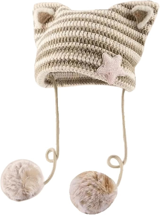 Women Y2K Cat Ear Beanie Hat with Pom Poms Star Accessories Goth Grunge Crochet Knitted Slouchy S... | Amazon (US)