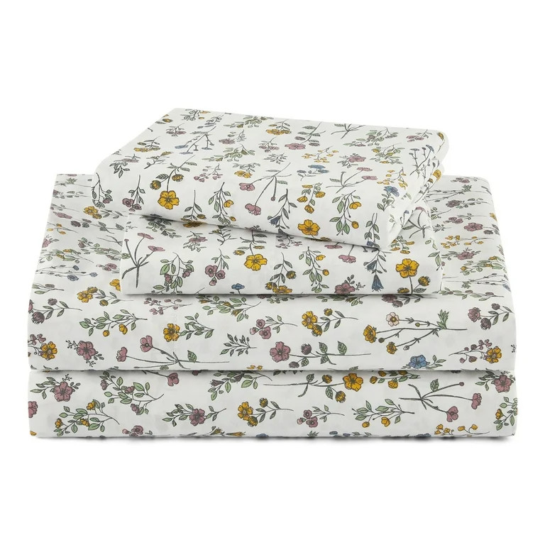 Beautiful Botanical 4-Piece 100% Cotton Washed Percale White Sheet Set, Queen by Drew Barrymore | Walmart (US)