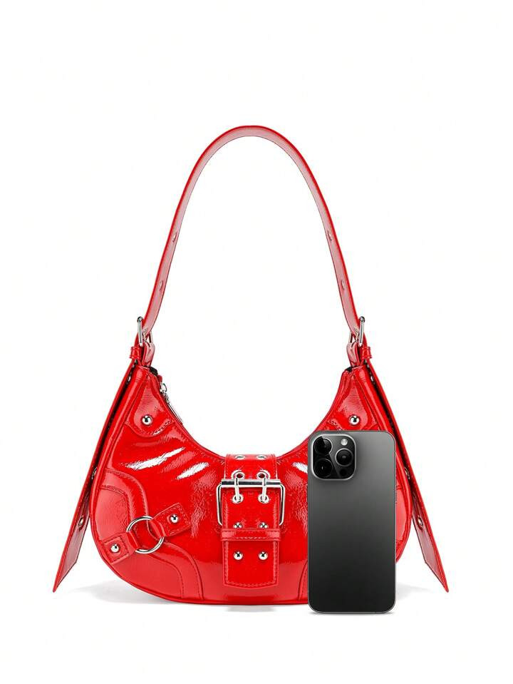 Punk style Buckle, Red PU leather all-match shoulder bag zipper buckle design decoration | SHEIN