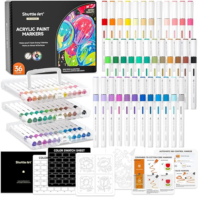 Shuttle Art Automatic Ink Control Acrylic Paint Markers, 36 Colors Brush Tip Acrylic Paint Pens f... | Amazon (US)