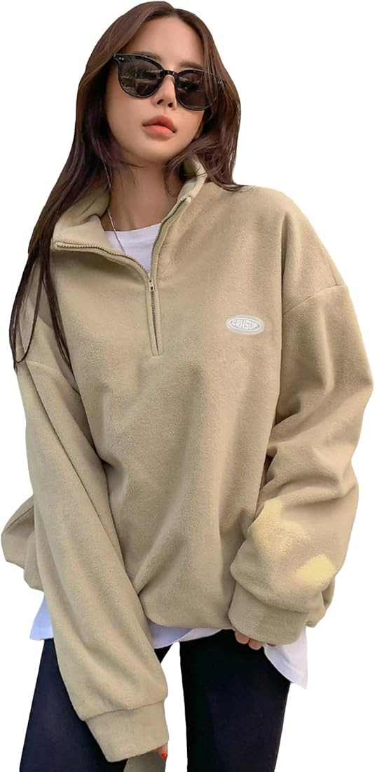 Floerns Women's Long Sleeve Drawstring Hem Oversized Half Zip Pullover Sweatshirt Top | Amazon (US)