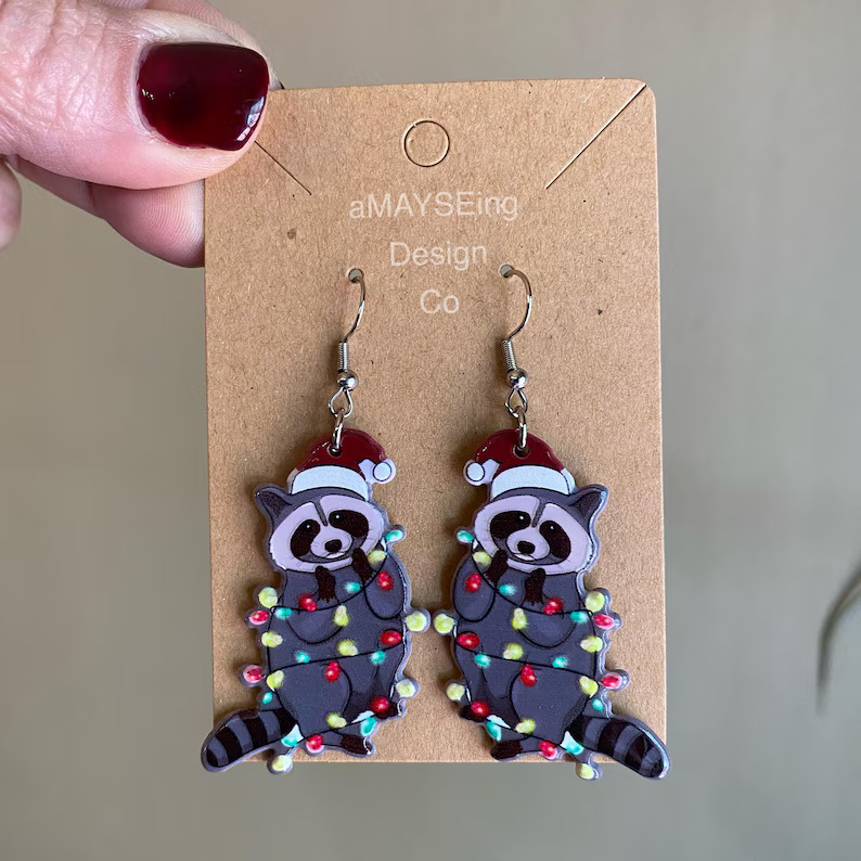 Christmas Raccoons Wrapped in Lights Earrings Holiday Earrings Novelty Earrings Unique Earrings F... | Etsy (US)