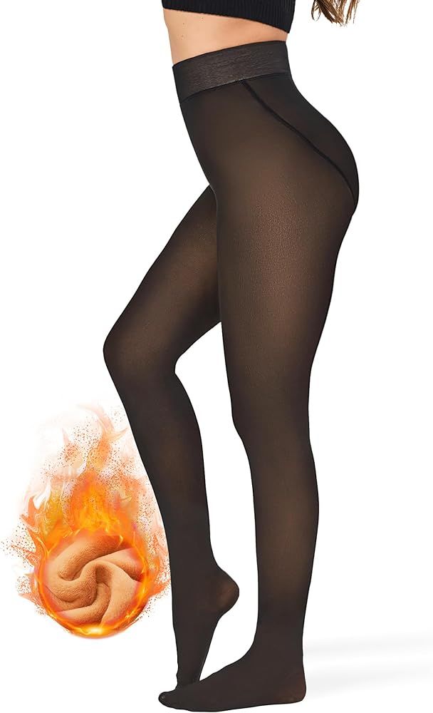 KBVOT Fleece Lined Tights Women Sheer Fake Translucent Winter Thermal Pantyhose Opaque Warm Thick... | Amazon (US)
