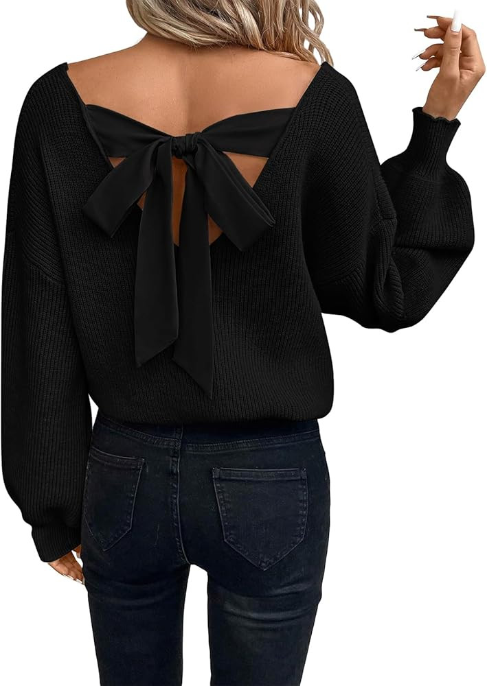 Womens Pullover Sweaters Casual Long Sleeve V Neck Loose Fit Knit Tops | Amazon (US)