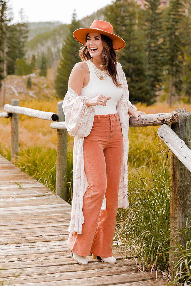 Terracotta Sunset Fly Cord Pants Amber Massey X Pink Lily | Pink Lily