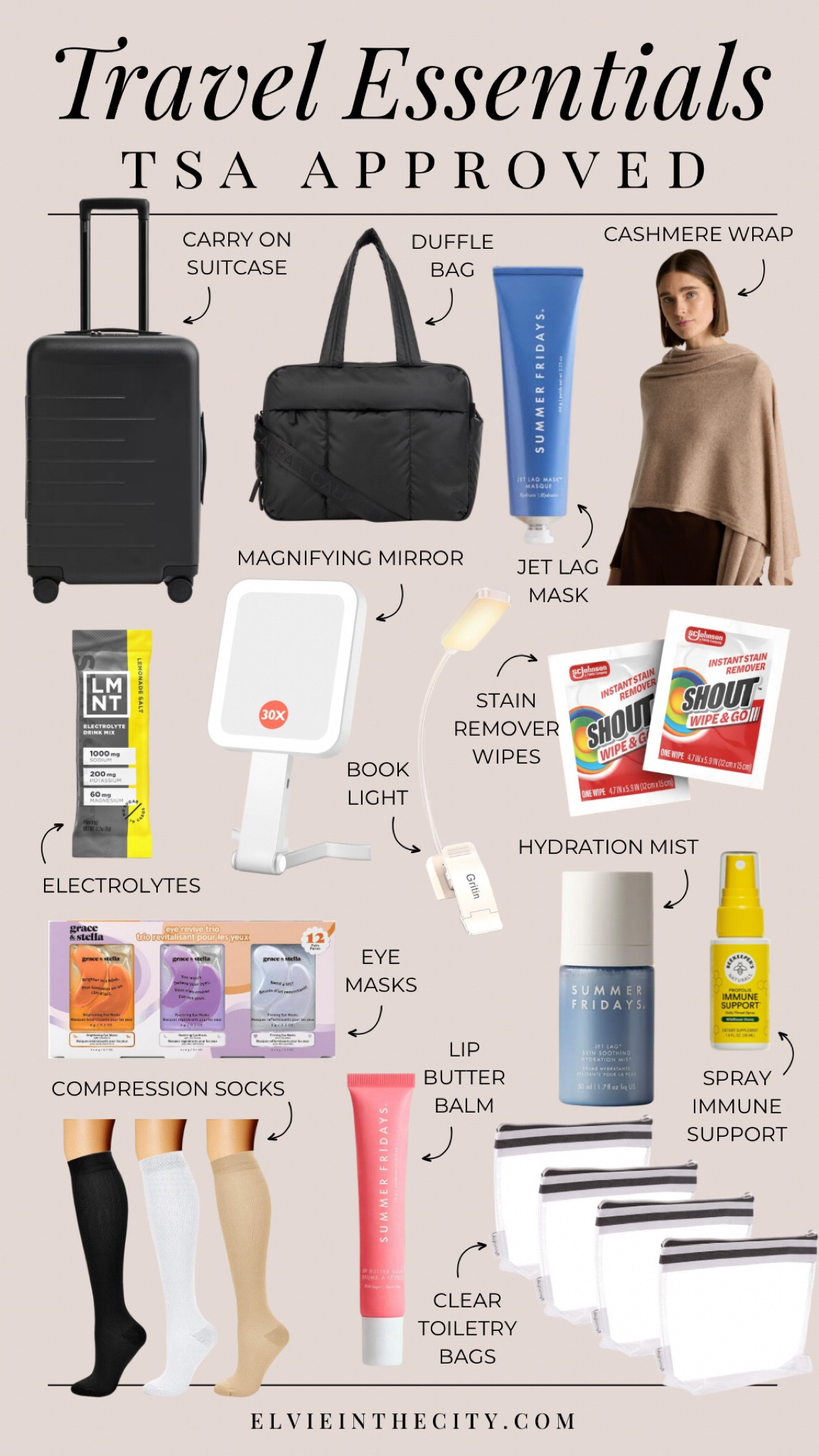 Travel essentials that are TSA approved include my carry on suitcase and duffle bag, jet lag mask, cashmere wrap, sugar free electrolytes, a magnifying mirror, book light, stain remover, eye masks, hydration mist, spray immune support, compression socks, lip butter balm and clear toiletry bags. 

Travel essentials, carry on must haves, fashion over 40, over 50 style

#LTKTravel